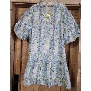 NWT Umgee Hollis Hydrangea Dress M Blue Green White Puff Sleeve WOMEN'S MINI